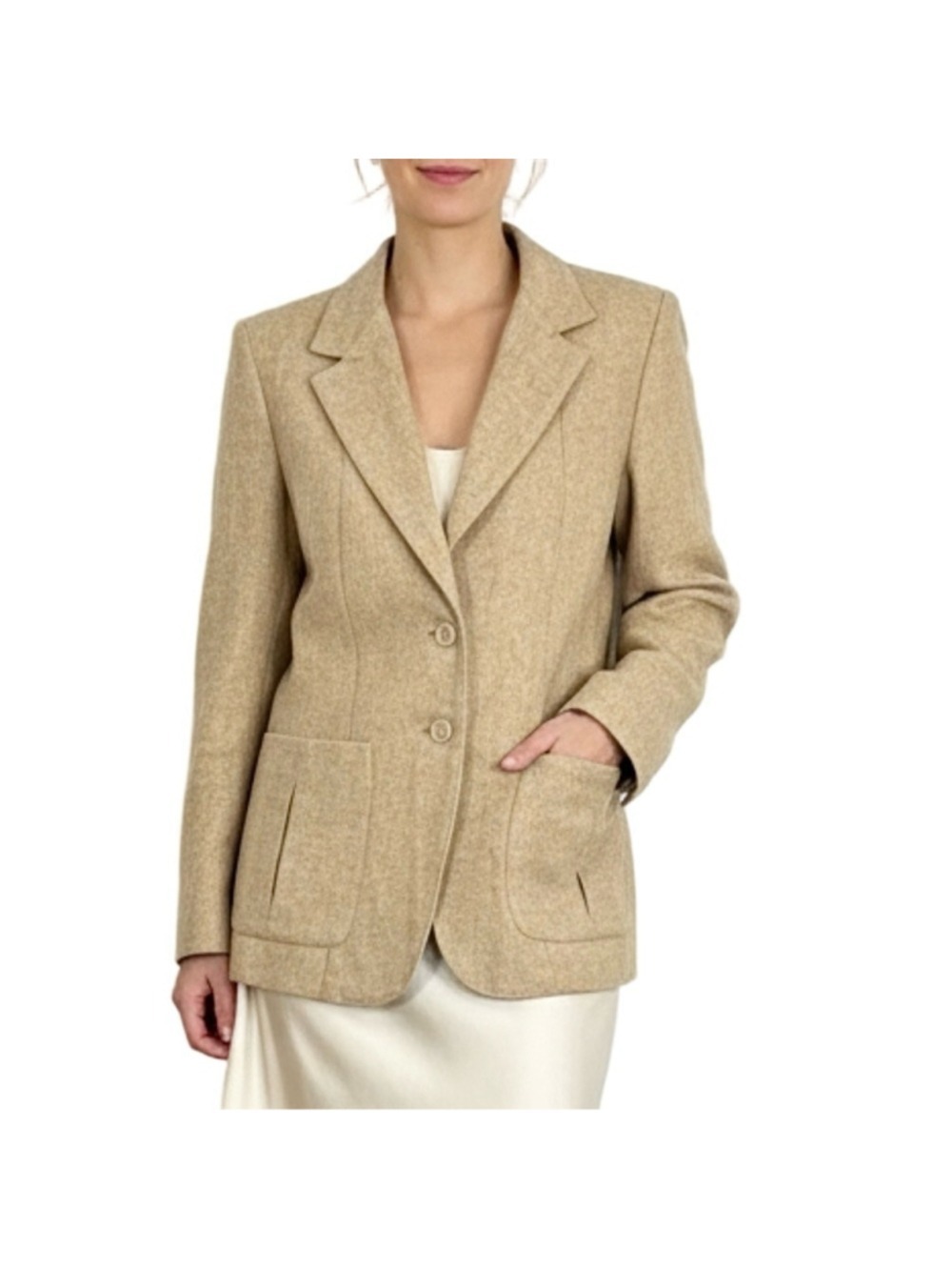 Vintage 70s 80s camel tan heathered wool blend tailored tweed blazer 40